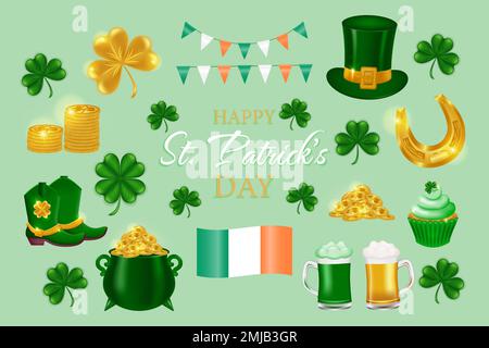 Set di simboli irlandesi per St. Giorno di Patrick. Cappello Leprechaun, stivali, birra, ale, monete d'oro, Vaso d'oro, ferro di cavallo, ghirlanda con bandiere e bandiera di Irela Illustrazione Vettoriale