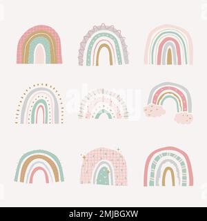 Carino arcobaleno in set vettoriale in stile doodle Illustrazione Vettoriale