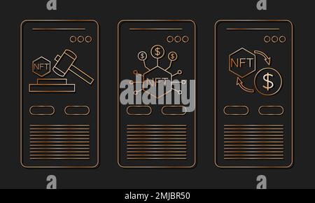 Scheda icona vettore NFT. Gettone non fungibile. Oro su sfondo nero. eps vettore 10 Illustrazione Vettoriale