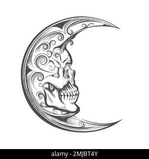 Tatuaggio del volto del cranio Luna mezzaluna in stile incisione isolato su sfondo bianco. Illustrazione vettoriale Illustrazione Vettoriale