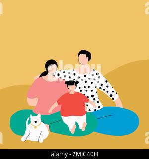 Famiglia felice in isolamento durante il vettore pandemico coronavirus Illustrazione Vettoriale