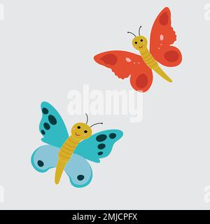 Set di farfalle di diversi colori e forme isolate su sfondo bianco. Bellissimi insetti volanti. Illustrazione vettoriale in stile cartoon flat. Illustrazione Vettoriale