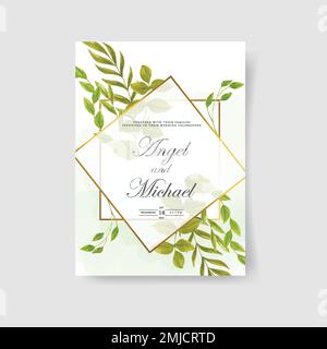 Elegante biglietto di invito per matrimoni con modello di foglie Premium. illustrazione del vettore acquerello Illustrazione Vettoriale