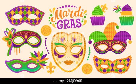 Il Mardi gras ha stabilito il disegno della festa di carnevale. Fat martedì, carnevale, festa. Per biglietti d'auguri, banner, confezione regalo, poster Illustrazione Vettoriale