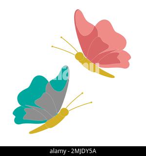 Set di farfalle di diversi colori e forme isolate su sfondo bianco. Bellissimi insetti volanti. Illustrazione vettoriale in stile cartoon flat. Illustrazione Vettoriale