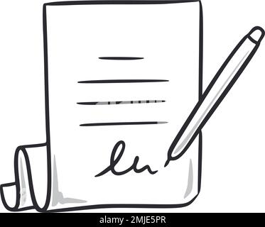 Documento contrattuale doodle. Carta contratta con icona di stile di schizzo disegnata a mano. Accordo fumetto doodle disegnato concetto. Illustrazione vettoriale. Illustrazione Vettoriale