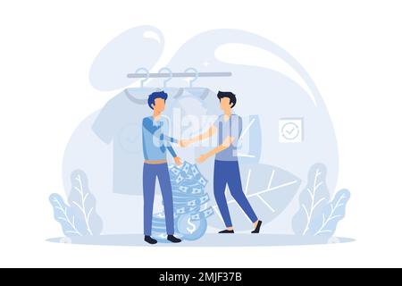 Illustrazione della sostenibilità. Personaggi che riducono gli sprechi alimentari, comprano abiti riutilizzati, riciclano bottiglie di plastica. Ridurre, riutilizzare, riciclare e azzerare gli sprechi c Illustrazione Vettoriale