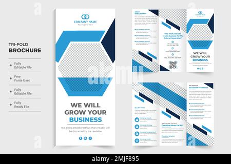Design moderno della brochure promozionale a tre pieghe con forme esagonali astratte. Brochure creativa a tre pieghe vettoriale con colori blu e scuri. Mercato Illustrazione Vettoriale