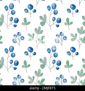 Pattern vettoriale senza cuciture con mirtilli. Sfondo acquerello. Illustrazione Vettoriale