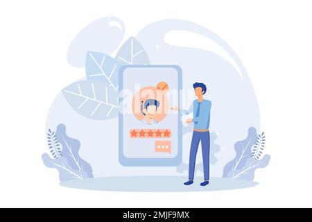 Feedback del cliente e illustrazione dell'esperienza dell'utente. Personaggi che danno la revisione all'operatore del servizio clienti e che scelgono emoji per mostrare rati di soddisfazione Illustrazione Vettoriale
