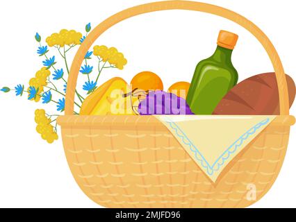 Vimini di cartone animato con pranzo di cartone animato. Picnic cibo icona isolato su sfondo bianco Illustrazione Vettoriale