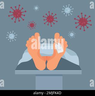 Interno di morgue. Cadaveri che giace nella camera mortuary.Mortuary 2D cartoon interno con letto a rotelle e attrezzature per autopsia e embalming su b Illustrazione Vettoriale