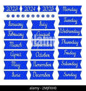 Planner adesivi stampabili giorni della settimana, mesi, anno per il diario, bullet journal decorazione semplice illustrazione vettoriale Illustrazione Vettoriale