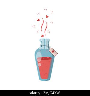 Pozione d'amore. La bevanda che ti fa innamorare di te stesso. Bottiglie di Magic elixir. Liquido rosso in vaso di vetro in stile piatto. Illustrazione vettoriale. Illustrazione Vettoriale