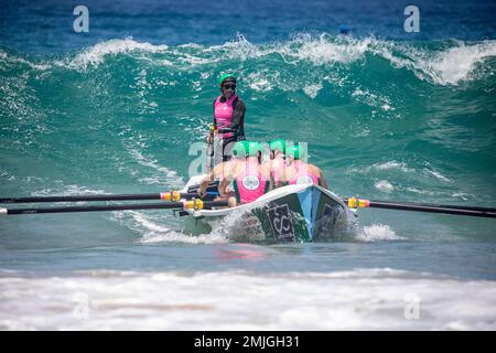 Sabato 28th Gennaio 2023. Sydney Northern Beaches Surfboat carnevale a North Narrabeen Beach, locali surf club squadre maschili e femminili e loro tradizionali surf boats competere in round 5 eventi del pre-mership, le squadre locali comprese quelle da Avalon Beach, Collaroy, Palm Beach, North Narrabeen, Freshwater e Coogee. Credito Martin Berry@alamy notizie dal vivo. Foto Stock