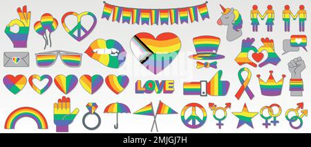 Set di icone e elementi di design LGBTIQ con i colori della bandiera arcobaleno su sfondo bianco. Immagine vettoriale Illustrazione Vettoriale