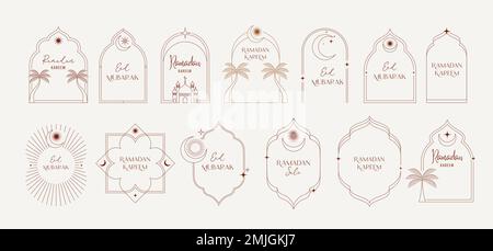 Collezione di loghi, finestre e archi in stile minimalista islamico Ramadan Kareem con design boho moderno, luna, cupola della moschea e lanterne Illustrazione Vettoriale