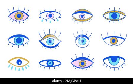 Set Blue Evil Eyes. Elementi disegnati a mano Illustrazione Vettoriale