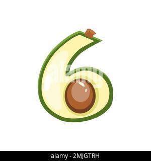 Carino avocado numero 6, vettore cifra sei Illustrazione Vettoriale