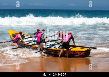 Sabato 28th Gennaio 2023. Sydney Northern Beaches Surfboat carnevale a North Narrabeen Beach, locali surf club squadre maschili e femminili e loro tradizionali surf boats competere in round 5 eventi del pre-mership, le squadre locali comprese quelle da Avalon Beach, Collaroy, Palm Beach, North Narrabeen, Freshwater e Coogee. Credito Martin Berry@alamy notizie dal vivo. Foto Stock