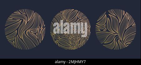 Logo lineare vettoriale a cerchio astratto, stile giapponese. Foglie, piante, emblema oro di lusso per profumi, cosmetici, prodotti naturali, negozio di fiori Illustrazione Vettoriale