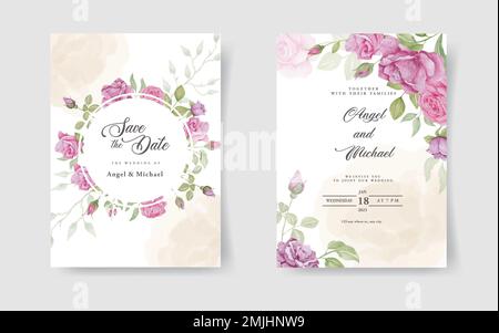Set di carte con bordo fiori. Set di template di invito con decorazione floreale. Rose e lascia l'illustrazione botanica per la scheda di nozze, lo sfondo, s Illustrazione Vettoriale
