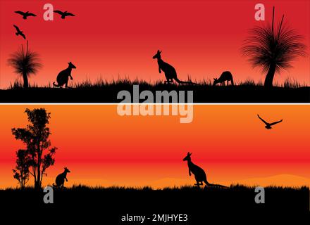 Silhouette di albero di ragazzo nero e alberi di gomma al tramonto con canguri. Illustrazione vettoriale. Illustrazione Vettoriale