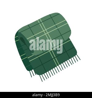 Plaid a scacchi con frangia. Coperta calda e accogliente in lana tartan. Arredamento casalingo in stile Hygge. Illustrazione vettoriale isolata in stile cartoon piatto. Illustrazione Vettoriale