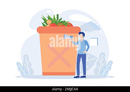 Illustrazione della sostenibilità. Personaggi che riducono gli sprechi alimentari, comprano abiti riutilizzati, riciclano bottiglie di plastica. Ridurre, riutilizzare, riciclare e azzerare gli sprechi c Illustrazione Vettoriale