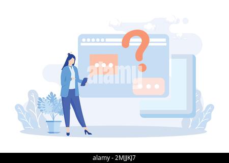 Illustrazione dell'assistenza clienti. Caratteri che utilizzano la piattaforma dell'helpdesk online. Persone che pongono domande e ricevono risposte dall'helpdesk o dal call center Illustrazione Vettoriale