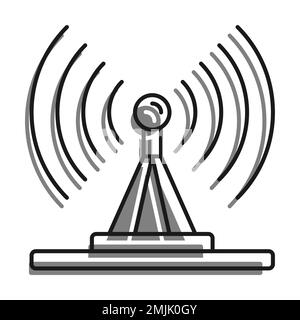 Icona lineare riempita con colore grigio. L'antenna TV trasmette il segnale. Giornata della radio e della televisione. Semplice vettore bianco e nero Illustrazione Vettoriale