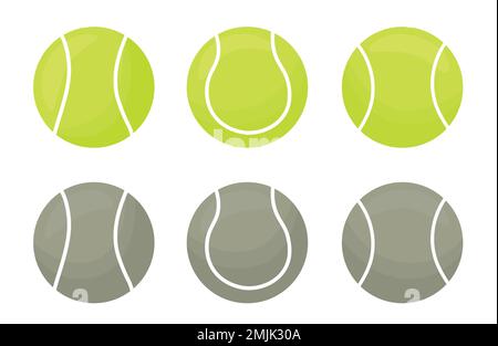 Set di palle da tennis verdi e grigie in diverse posizioni e lati piatti illustrazione. Illustrazione Vettoriale