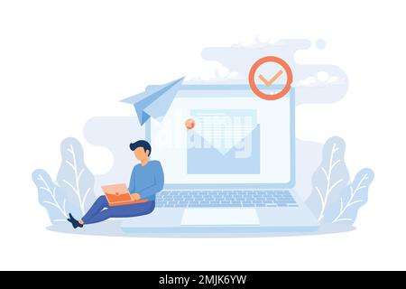 E-mail marketing e scene di promozione. Personaggi che inviano messaggi pubblicitari e offerte promozionali con vendite e sconti. ECommerce business concep Illustrazione Vettoriale