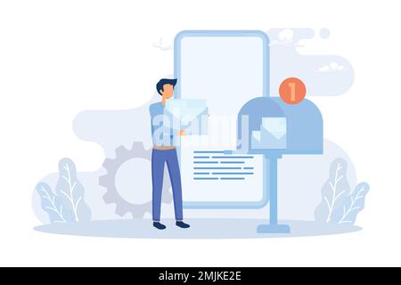 E-mail marketing e scene di promozione. Personaggi che inviano messaggi pubblicitari e offerte promozionali con vendite e sconti. ECommerce business concep Illustrazione Vettoriale