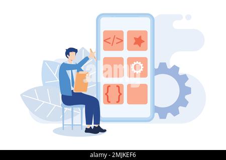 Illustrazione della progettazione e dello sviluppo mobile. Prototipazione degli sviluppatori, programmazione dell'interfaccia utente e test dell'app mobile. Progettazione dell'interfaccia utente ed esperienza dell'utente c Illustrazione Vettoriale