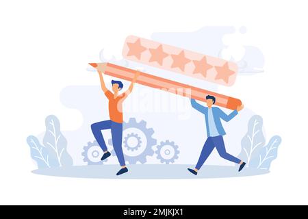Set di illustrazioni di feedback e sondaggio. Persone personaggi che danno un feedback positivo cinque stelle, la scelta di emoji per mostrare la valutazione di soddisfazione e la compilazione surv Illustrazione Vettoriale