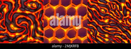 Texture di lava, magma e pietre esagonali. Schemi senza cuciture della superficie rocciosa del vulcano con crepe e flussi di lava liquida fusa calda nella vista dall'alto, vec Illustrazione Vettoriale