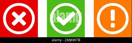 Verde Sì o OK Rosso No o problema arancione rifiutato o icona di avvertenza impostata con segno di spunta X punto esclamativo a croce in cerchi con ombra. Immagine vettoriale. Illustrazione Vettoriale