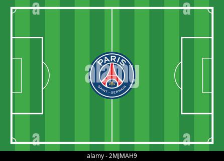 PSG (Paris Saint Germain FC) Logo su campo verde sfondo astratto Illustrazione Vettoriale