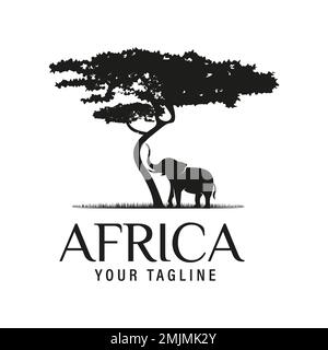 Albero di Acacia Africano con silhouette dell'elefante Africano per il vettore di disegno del logo di avventura di Safari Illustrazione Vettoriale