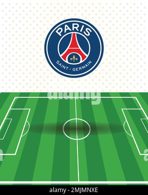 PSG (Paris Saint Germain FC) Logo con sfondo bianco e campo verde, top professional top delle squadre di calcio europee Illustrazione Vettoriale