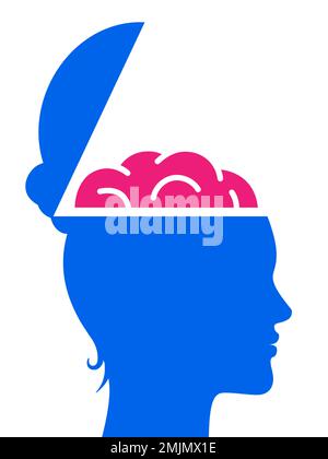 Donne a testa aperta con cervello, icona vettoriale. Scienza del cervello, pittogramma vettoriale concettuale. Illustrazione Vettoriale