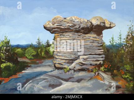 Funghi di pietra rock formazione in Broumovske steny (Broumov pareti) la gamma della montagna e la riserva naturale, parte della tabella montagne in Repubblica Ceca. Foto Stock