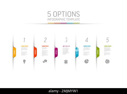 Modello di schema astratto con cinque sezioni o opzioni su sfondo bianco divise da ombre chiare con icone di elementi tag segnalibri a colori e alcune Illustrazione Vettoriale
