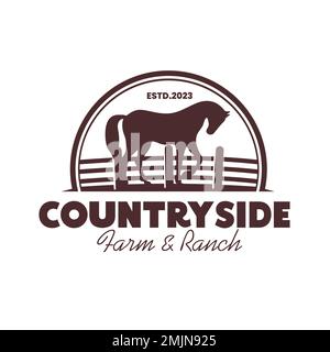 Silhouette illustrazione di un cavallo con una recinzione in legno per il design vintage retrò rurale Western Country Farm ranch logo Illustrazione Vettoriale