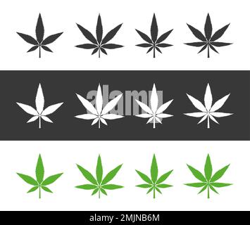 Marijuana foglie di erbe Nero Bianco Verde Silhouette Vector Illustration Set Illustrazione Vettoriale