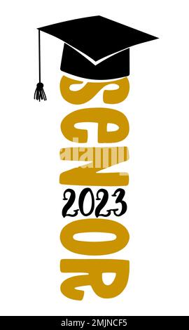 Senior 2023 - Tipografia. testo blck sfondo bianco isolato. Illustrazione vettoriale di una classe di graduazione di 2023. Illustrazione Vettoriale