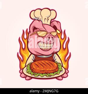 Spaventoso porco chef carne bbq logo illustrazione illustrazioni vettoriali per il tuo logo di lavoro, t-shirt merchandise, adesivi e disegni di etichette, poster Illustrazione Vettoriale