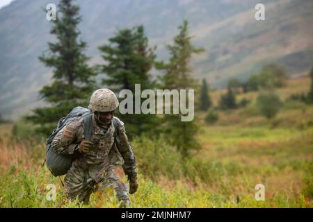 NEGLI STATI UNITI Il paracadutista dell'esercito assegnato alla squadra di combattimento della Brigata di Fanteria 2nd (Airborne), 11th divisione Airborne, si sposta al punto di raduno dopo le operazioni in volo nella zona di goccia di Geronimo, base congiunta Elmendorf-Richardson, Alaska, 31 agosto 2022. Guerra speciale dell'aeronautica e clima di combattimento Airmen e paracadutisti dell'esercito, supportati dall'equipaggio della Guardia Nazionale dell'Alaska del comando di truppe dell'aviazione del 207th, hanno condotto l'addestramento per dimostrare le abilità aerotrasportate e di missione-preparazione in condizioni austere. Foto Stock