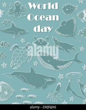 Illustrazione dell'oceano vettoriale con balena, balena assassino, squalo, pinguino, tartaruga, granchio. Worlg Ocean Day - lettering moderno. Animali marini subacquei. Ecologia Illustrazione Vettoriale